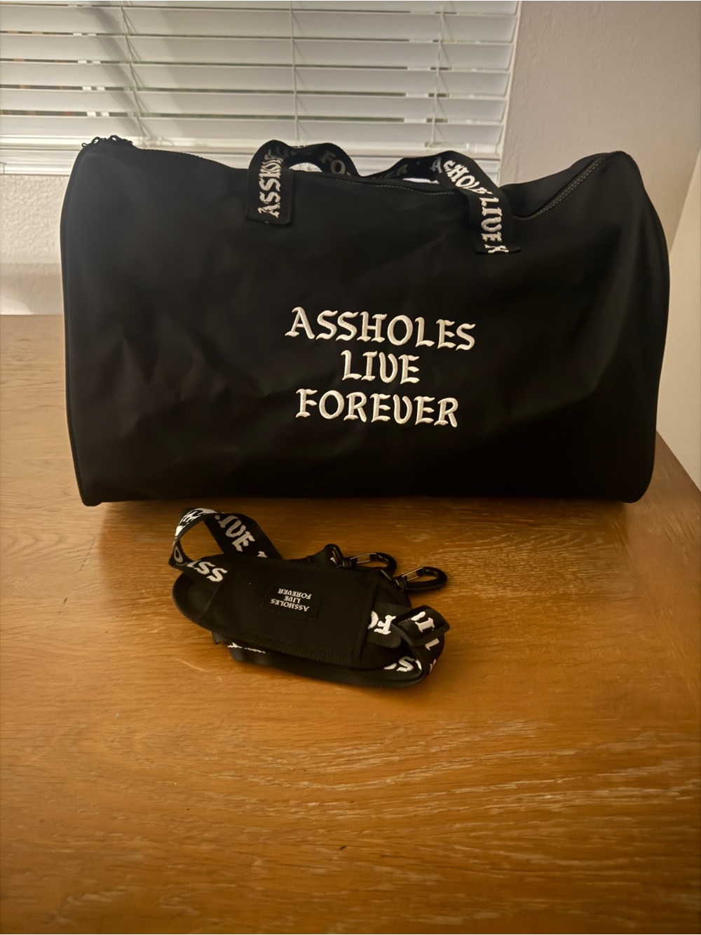 NWOT ALF ASSHOLES LIVE FOREVER Black Duffel Bag - Statement Weekender D*** Money